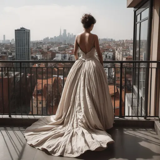 Prompt: a woman with a really big dress with a whole standing on a balcony overlooking a city