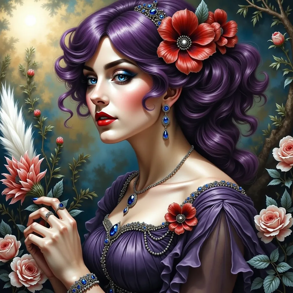 Prompt: a painting of a woman with purple hair and a red flower in her hair, wearing a purple dress, Art of Brom, gothic art, highly detailed oil painting, an ultrafine detailed painting