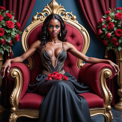 Prompt: Draped in a striking black gown adorned with vibrant red roses and intricate golden embroidery, a stunning woman exudes elegance as she reclines on her lavish throne, flanked by blooming rose arrangements. Her soft waves cascade around her shoulders, enhancing the dramatic allure of her deep neckline, while her shimmering jewelry captures the light, accentuating her poised demeanor. The backdrop features rich burgundy drapes that add depth and warmth, creating a regal ambiance that complements the opulent details of the scene. With a confident expression and a slightly parted lip, she invokes a sense of mystery and allure, embodying the essence of sophistication and glamour. The composition's rich colors and luxurious textures make for a captivating visual narrative filled with elegance and charm.