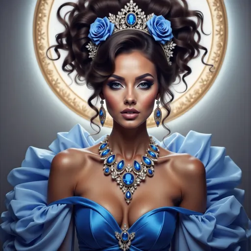 Prompt: a stunning dark skinned black woman with a crown on her head and a necklace on her neck of sapphires, in a blue dress with flowers, Anne Stokes, fantasy art, highly detailed digital painting, a detailed painting