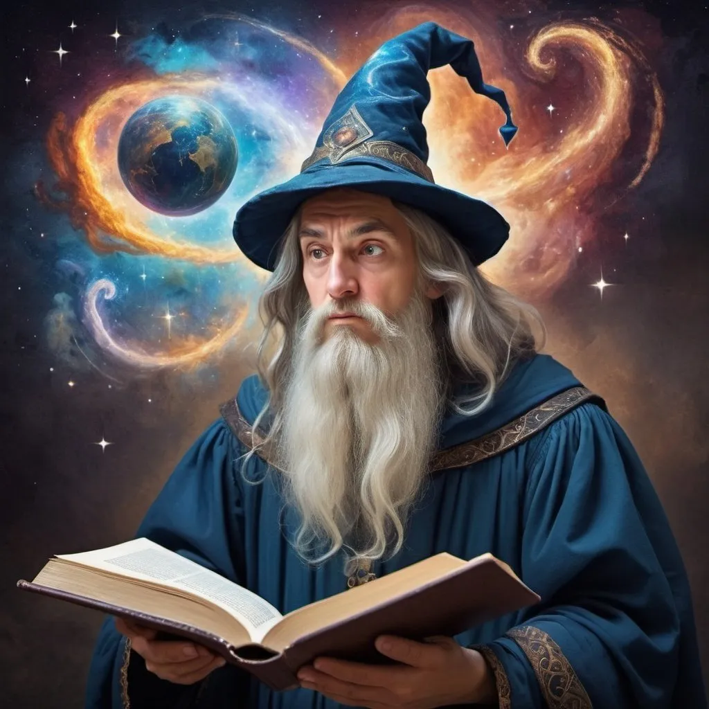 Prompt: Confused wizard, hold a book, painted style, Renaissance, thinking, galaxy coming out of his head, child