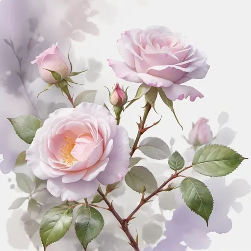 Prompt:  🌸English watercolor, botany, branch of a blooming park rose, white background, watercolor splashes, fine drawing, blur, fog, powdery, silver, soft lilac, soft pink,
silk, milk, softness, tenderness, 64k, high octane render