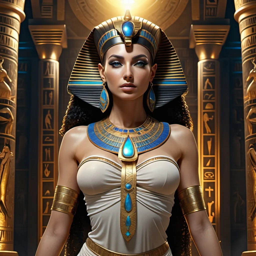 Prompt: HD 4k 3D 8k professional modeling photo hyper realistic beautiful woman Egyptian Princess ethereal greek goddess Amunet, primordial cosmic goddess, full body surrounded by ambient glow, Egyptian afterlife, enchanted, magical, highly detailed, intricate, highly realistic woman, high fantasy background, elegant, mythical, surreal lighting, majestic, goddesslike aura, Annie Leibovitz style