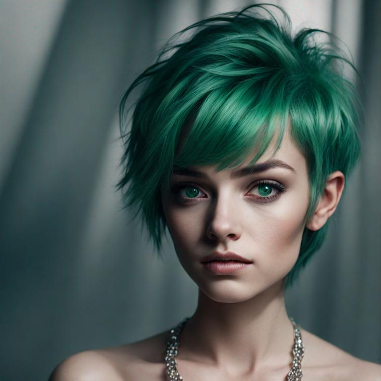 Prompt: ady with emerald green hair and eyes