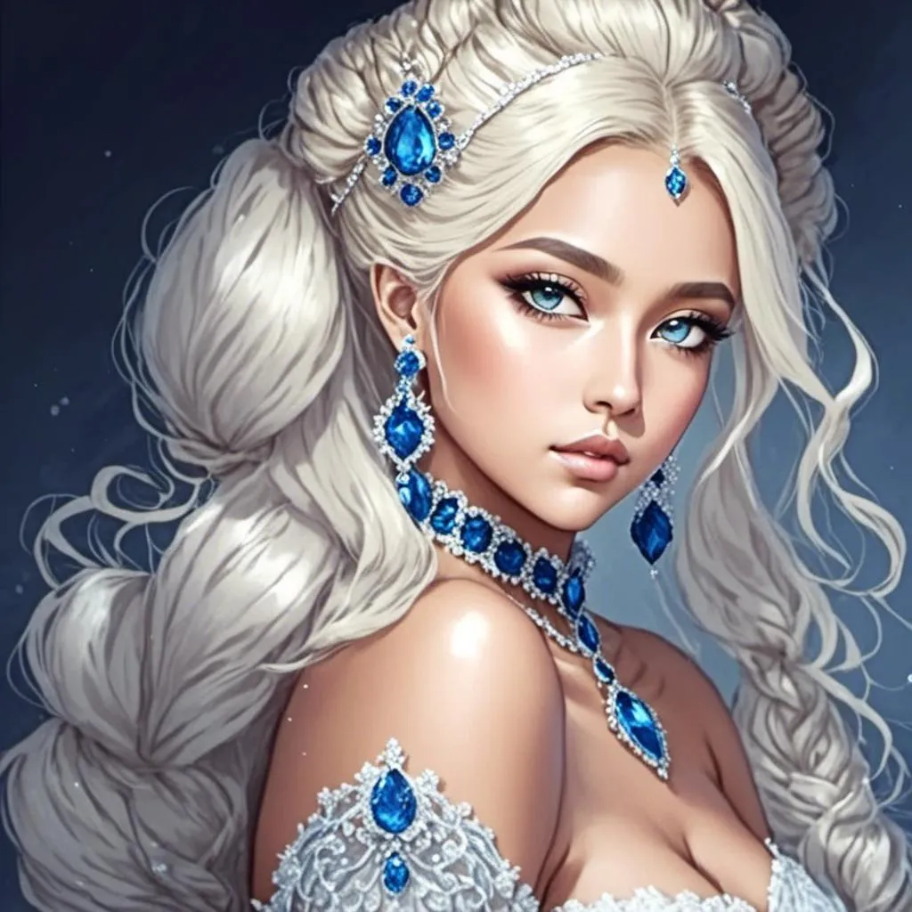 Prompt: <mymodel>A beautiful woman, white hair, blue eyes, blue eyeshadow, blue jewels o