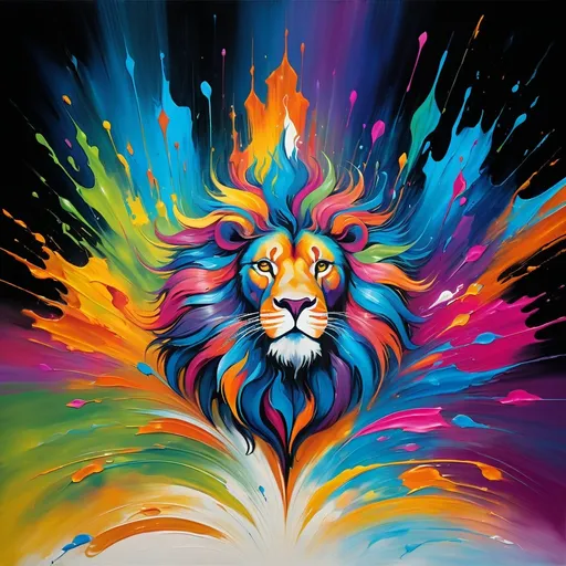 Prompt: Abstract surrealism painting of a majestic lion, vibrant and bold brushstrokes, exaggerated features, vivid colors, dreamlike atmosphere, high quality, surrealism, vibrant colors, abstract art, majestic lion, dreamlike, bold brushstrokes