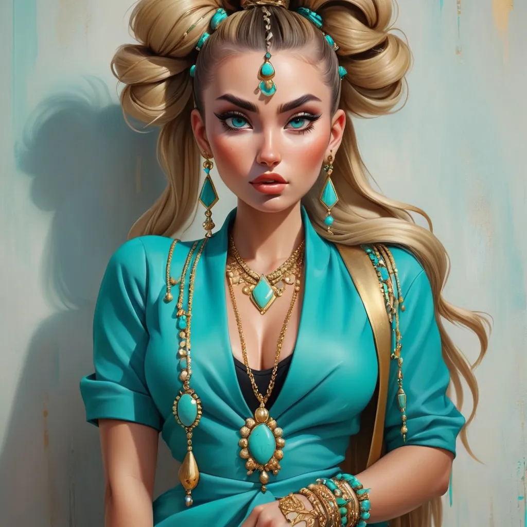 Prompt: An extremely gorgeous woman,  with top knots full of turquoise jewels, in color scheme of turquoise and gold