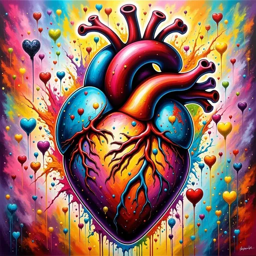 Prompt: (graffiti art of an anatomical heart), vibrant colors, (urban backdrop), abstract patterns, intricate details, bold outlines, emotional expression, high contrast, visually striking, (street art aesthetic), textured spray paint effects, layered composition, dynamic ambiance, capturing a sense of life and passion, HD, ultra-detailed.