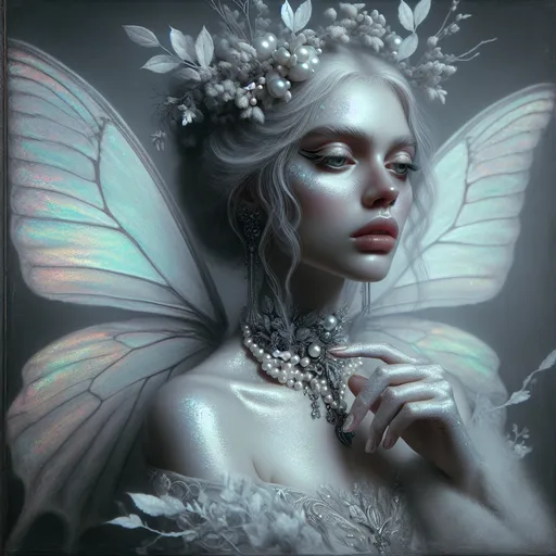 Prompt: a woman with white butterfly wings  and snow white haira adorned with pearlsand a necklace on her neck . Anne Stokes, gothic art, highly detailed digital painting, a photorealistic painting