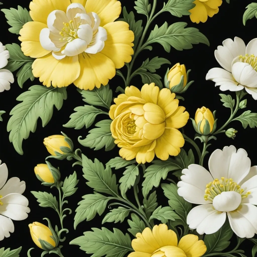 Prompt: a yellow background with white flowers and green leaves on it, with a yellow background with white flowers and green leaves on it, Annabel Kidston, rococo, book cover, a flemish Baroque