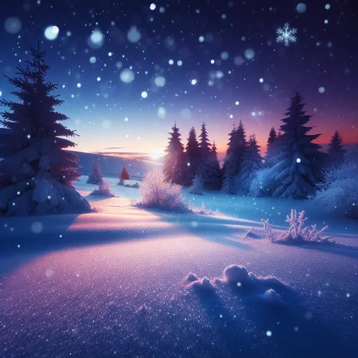 Prompt: (A tranquil winter scene at dusk), soft snowflakes falling, serene twilight sky in hues of deep blue and dusky pink, gently frosted trees, peaceful atmosphere, snow-covered ground sparkling under fading sunlight, subtle warm glow from a distant cabin, capturing the stillness and beauty of a snowy evening, ultra-detailed, HD.