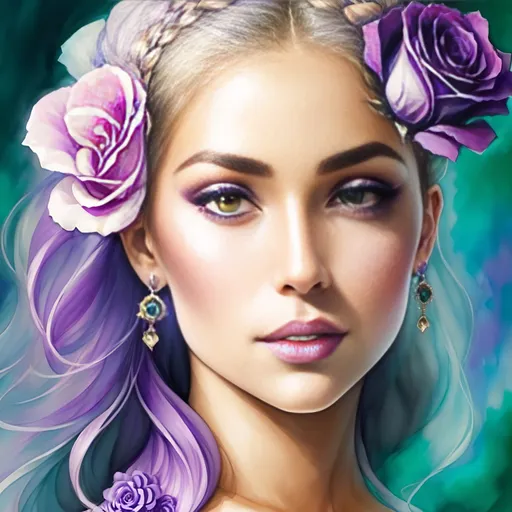 Prompt: Cosmic Epic Beauty, Beautiful and Gorgeous, purple roses in hair