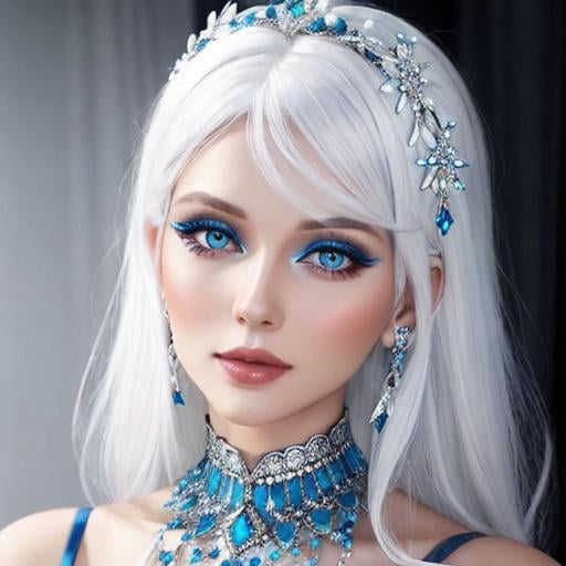 Prompt: A beautiful woman, white hair, blue eyes, blue eyeshadow, blue jewels o