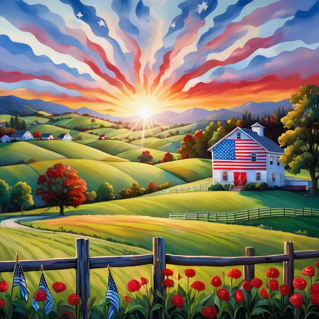 Prompt: Beautiful colorful USA patriotic painting. Beautiful sunrise in a rural area, with American flags, and rolling hills.