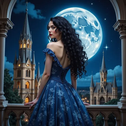 Prompt: Under the luminous glow of a full moon, a striking woman stands gracefully against a backdrop of majestic, Gothic-style towers and intricate architecture, reminiscent of a fairytale landscape. Dressed in an elegant, deep blue gown adorned with delicate floral patterns, her long, flowing black hair cascades over her shoulders, framing her serene profile. The night sky is a rich tapestry of blues, with wispy clouds drifting softly and stars sparkling in their midst, adding to the enchanting atmosphere. The scene is suffused with a mystical ambiance that evokes feelings of wonder and nostalgia, as if the viewer has stepped into a dreamscape where magic is palpable. The combination of the moonlight and the detailed structures surrounding her creates a striking contrast, drawing the eye to both her elegance and the grandeur of the setting.