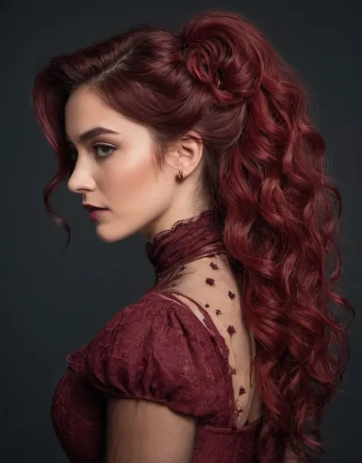 Prompt: A powerful woman with Victorian wine red wavy voluminous hair half up half down