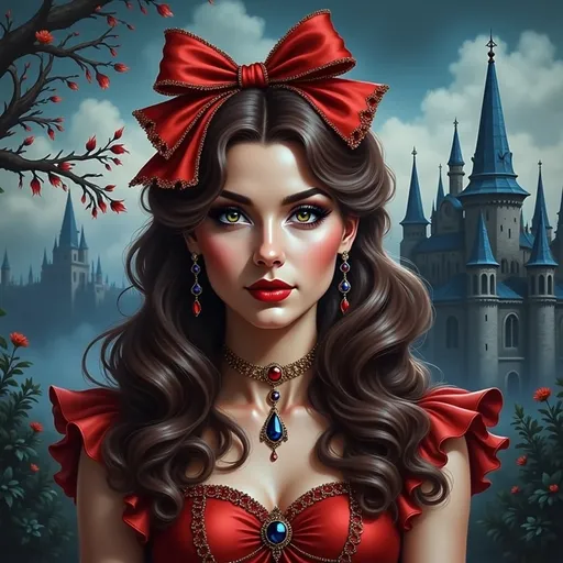 Prompt: a girl with brown eyes and a red bow on her head is wearing a red dress and a red necklace,  gothic art