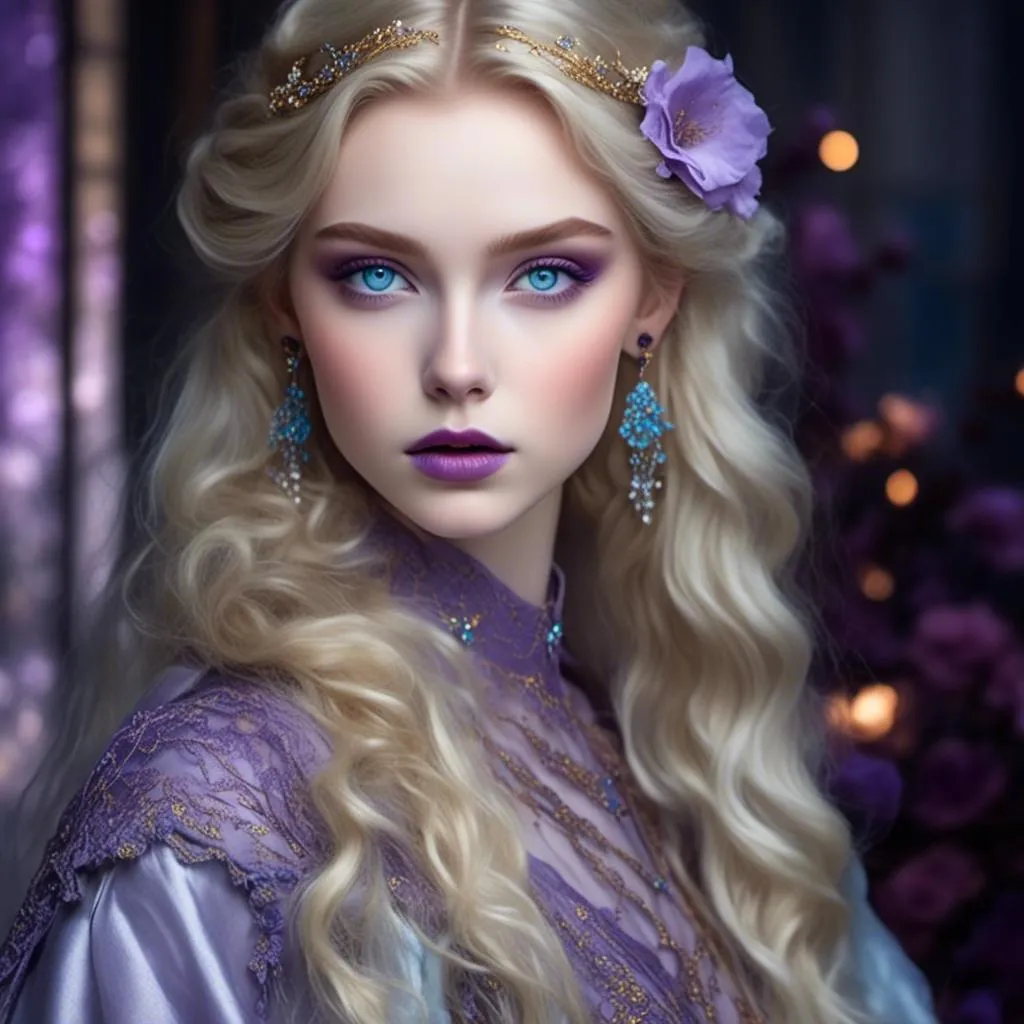 Prompt: <mymodel>Beautiful ethereal woman, long blonde hair,and icy blue eyes color, purple lipstick, facial closeup