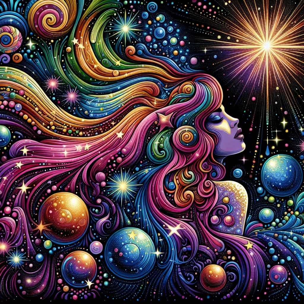 Prompt: <mymodel> a woman with colorful hair and a star in the background with bubbles and stars around her head, and a black background with stars and a, Android Jones, funk art, highly detailed digital painting, a pop art painting