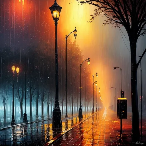 Prompt: a painting of a street light and trees in the rain at night with a street light in the foreground, Alena Aenami, fantasy art, atmospheric lighting, an oil painting