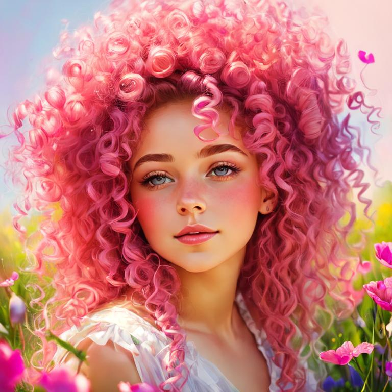 Prompt: a young fairy of spring, very curly hair, pink glow on cheeks,wildflowers, vivid colors, closeup