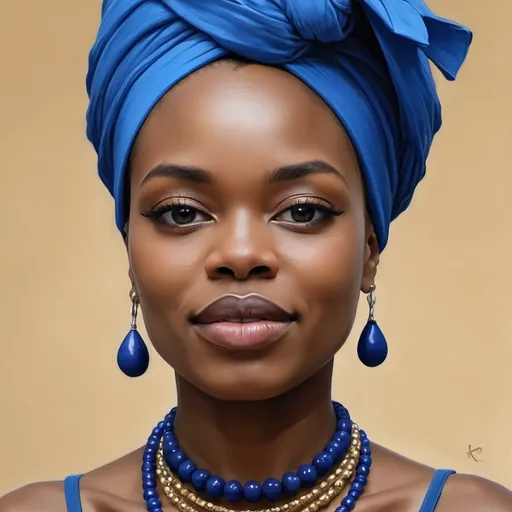 Prompt: <mymodel> a woman with a blue turban and a necklace on her neck and a necklace on her neck, Chinwe Chukwuogo-Roy, black arts movement, highly detailed digital painting, a digital painting