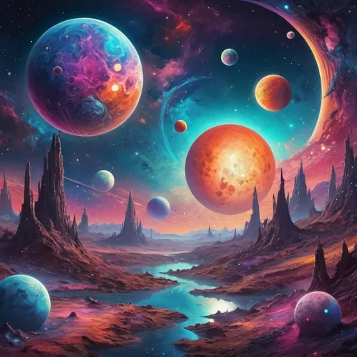Prompt: Cosmic landscape with vibrant planets and moons orbiting amidst twinkling stars, surreal fantasy art, high quality, fantasy style, vibrant color palette, glowing celestial bodies, dreamy atmosphere, detailed cosmic detail, otherworldly fantasy, cosmic, vibrant, surreal, dreamy, detailed planets, moons, stars, high quality, fantasy art