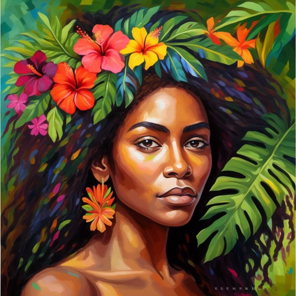 Prompt: <mymodel> Painting of the portrait of a pretty Melanesian woman, wearing cocontractant leaves crown and hibiscus flowers on her left ear. She has long thick afro hair, a black skin and she is surrounded by tropical nature and flowers.