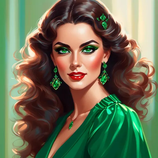 Prompt: <mymodel>Detailed illustration of a woman in vibrant green attire, large vivid green eyes, elegant makeup, digital painting, high resolution, realistic style, vibrant green, professional lighting