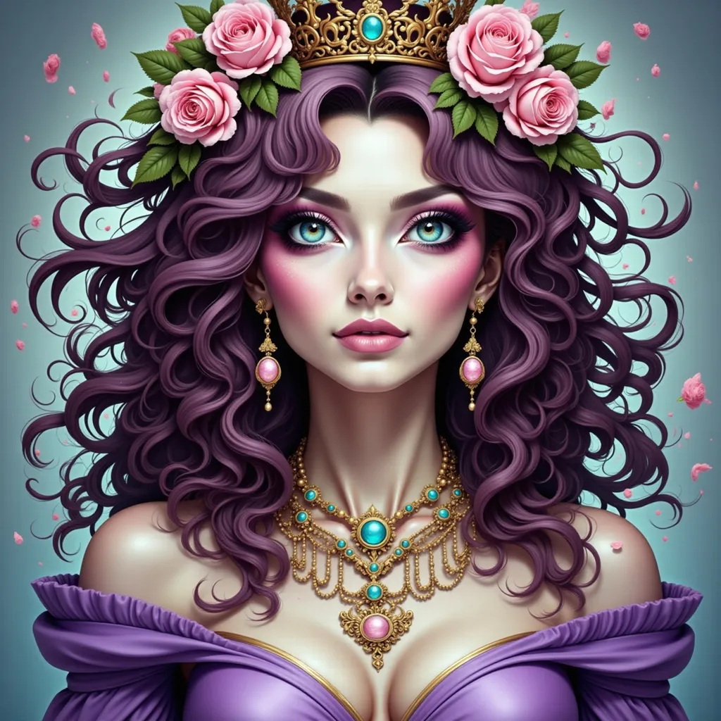 Prompt: a woman with a crown on her head and purple hair wearing a purple dress and a necklace with pink roses, Charlie Bowater, fantasy art, highly detailed digital painting, a detailed painting