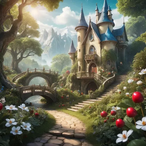 Prompt: (Snow White), enchanting forest setting, (lush greenery), (vibrant colors), magical ambiance, captivating atmosphere, sparkling clear streams, whimsical wildlife, intricate details, (HD), romantic lighting, floral accents, ethereal charm, fairytale elements, dreamy background, fairy tale character, timeless elegance.