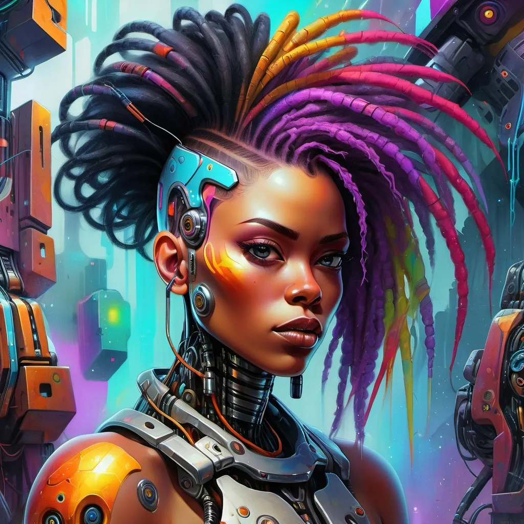 Prompt: a  cyborg woman with a weird hair and a colorful background is featured in this painting by artist marky k, Android Jones, afrofuturism, highly detailed digital painting, cyberpunk art