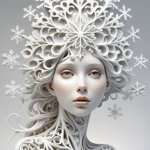 Prompt: A beautiful white female 3D sculpture against a white background, whimsical snowflakes fused throughout the sculpture, Stephanie Law style of hyperrealism, very intricate details, abstract vector fractal, wave function, zentangle, 3D shading