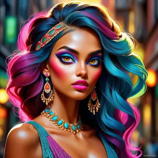 Prompt: digital painting, dramatic colourful makeup, high fashion, intense gaze, realistic portrayal, vibrant colors, detailed features, highres, professional, dramatic, realistic, digital painting, intense gaze, vibrant colors, detailed features, high fashion, glamorous lighting