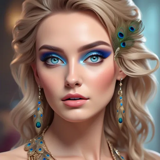 Prompt: <mymodel> Gorgeous woman with beautiful makeup and hair, peacock feathers, high-quality, detailed, realistic, elegant, vibrant colors, professional makeup, glamorous lighting, 4k resolution, portrait, detailed facial features, luxurious, exotic, peacock feathers, elegant hairstyle, stunning makeup, beauty shot