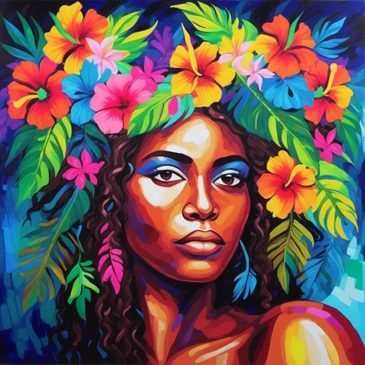 Prompt: <mymodel> Painting of the portrait of a pretty Melanesian woman,  dark brown eyes, wearing cocontractant leaves crown and hibiscus flowers on her left ear. She has long thick afro hair, a black skin and she is surrounded by tropical nature and flowers.