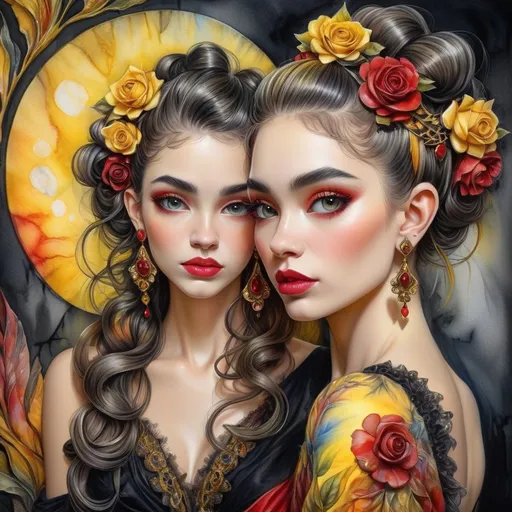 Prompt: <mymodel> beautiful woman, hair pinned up, yellow red black dress, earrings, Watercolor, trending on artstation, sharp focus, studio photo, intricate details, highly detailed, by  Josephine Wall and Jasmine Becket-Griffith