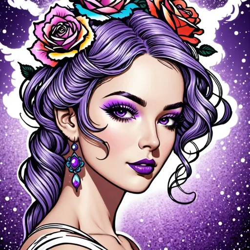 Prompt: Cosmic Epic Beauty, Beautiful and Gorgeous, purple roses in hair