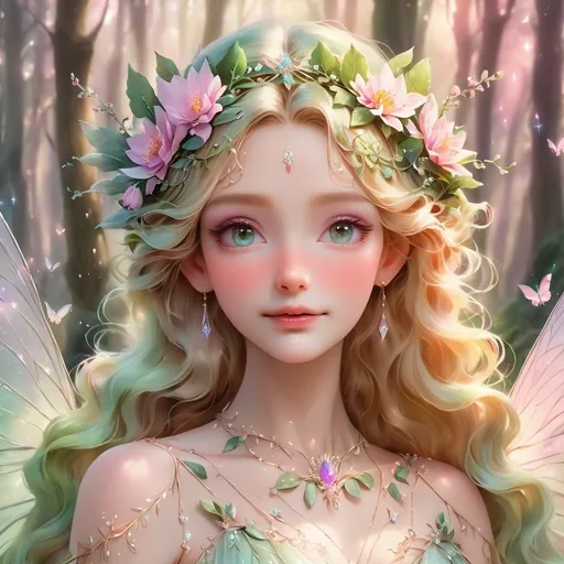 Prompt: Fairy goddess, ethereal and mystical, magical forest setting, flowing gown with shimmering details, intricate floral crown, radiant and glowing, soft pastel color palette, dreamy and whimsical, fantasy, high quality, ethereal style, soft lighting, detailed wings, enchanted atmosphere, facial closeup