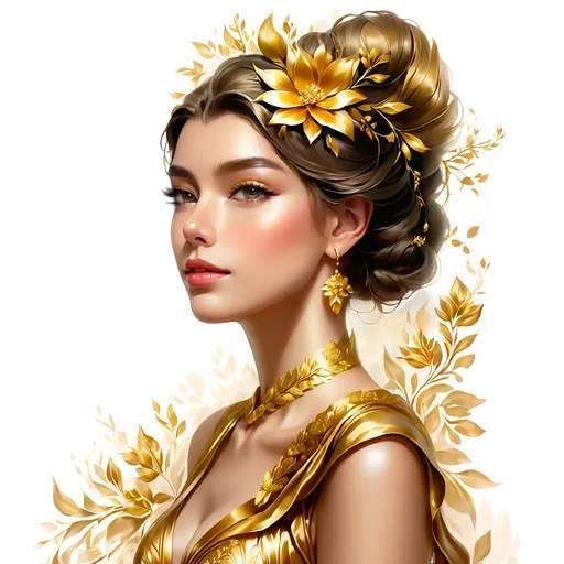 Prompt: a painting of a woman with flowers in her hair and a gold dress on her head and shoulders, with a golden background, Artgerm, fantasy art, highly detailed digital painting, a detailed painting