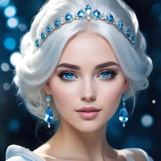 Prompt: <mymodel>High-res digital painting of a beautiful woman with snow white hair and pastel highlights, frosty blue eyes, blue eyeshadow, and blue jewels on her forehead, ethereal fantasy style, cool tones, soft and magical lighting, detailed facial features, professional, elegant, high quality