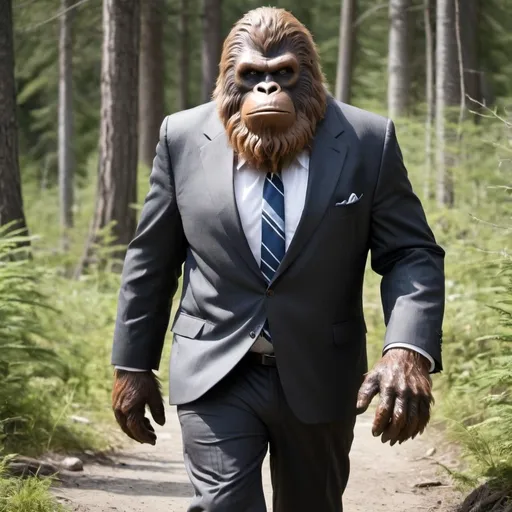 Prompt: Bigfoot wearing a suit and tie