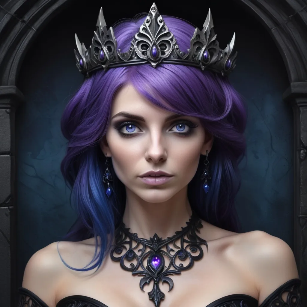 Prompt: a woman with purple hair and blue eyes is wearing a black dress , Anne Stokes, gothic art, highly detailed digital painting, a 3D render