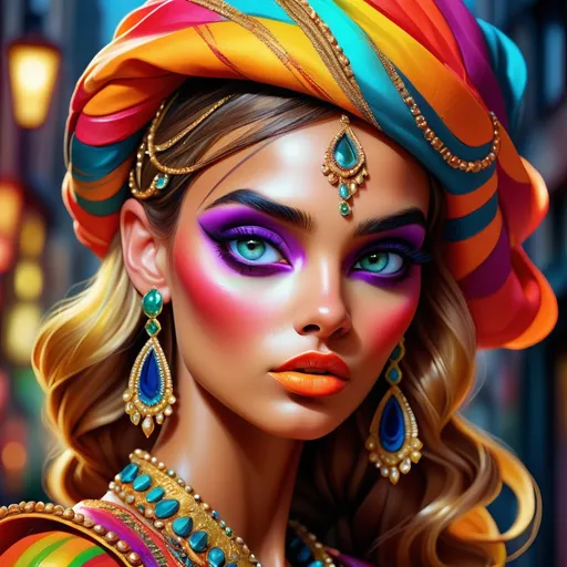 Prompt: digital painting, dramatic colourful makeup, high fashion, intense gaze, realistic portrayal, vibrant colors, detailed features, highres, professional, dramatic, realistic, digital painting, intense gaze, vibrant colors, detailed features, high fashion, glamorous lighting