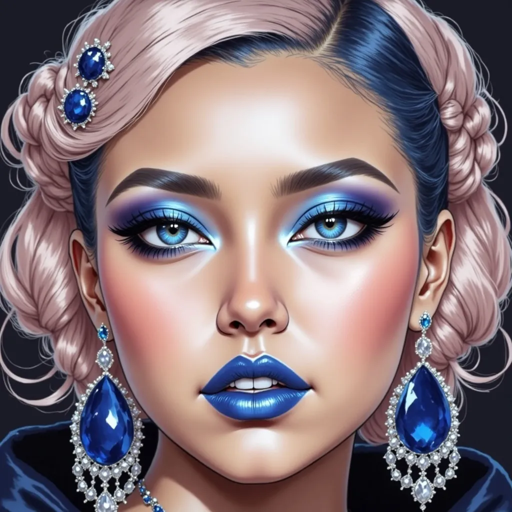 Prompt: Female emo blue bunny, blue hair, blue lipstick, glossy lips, blue eyes, blue eyeshadow, blue makeup, blue nails. realistic, detailed, full body view