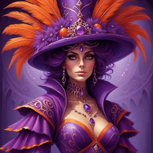 Prompt: <mymodel> a woman in a purple costume and a purple hat with orange feathers on it's head and a purple dress with orange trim, Anne Stokes, fantasy art, purple, a detailed painting