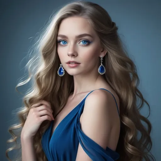 Prompt: A woman dressed in a blue dress, blue eyes, sapphire jewelry, long flowing hair