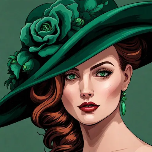 Prompt: Emerald lady wearing a emerald hat with emerald roses, cartoon style