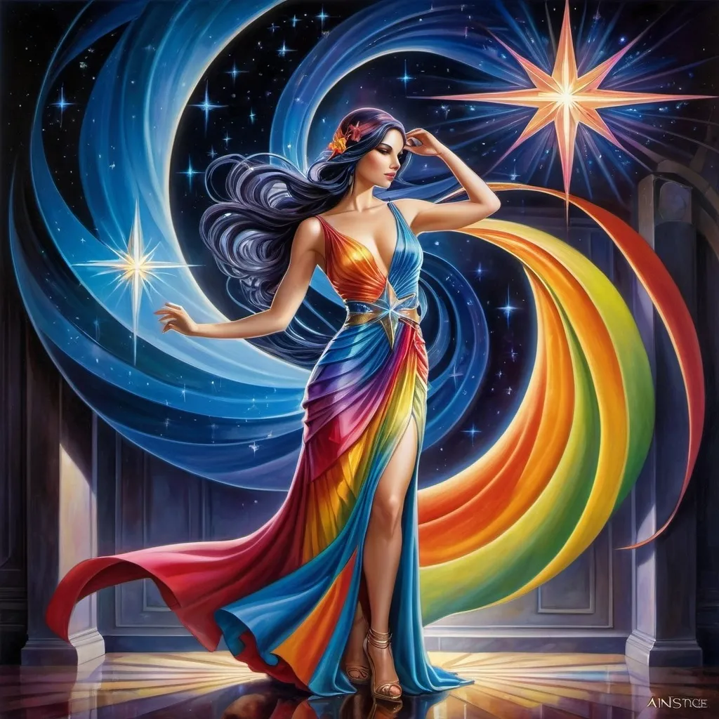 Prompt: a woman in a colorful dress with a star in the background of a painting of a woman in a colorful dress, Anne Stokes, fantasy art, mystical colors, an art deco painting