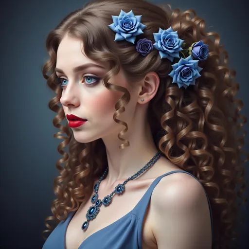 Prompt: a woman with long hair and flowers in her hair, wearing a blue dress and a necklace with roses on it, Anna Dittmann, gothic art, highly detailed digital painting, a detailed painting